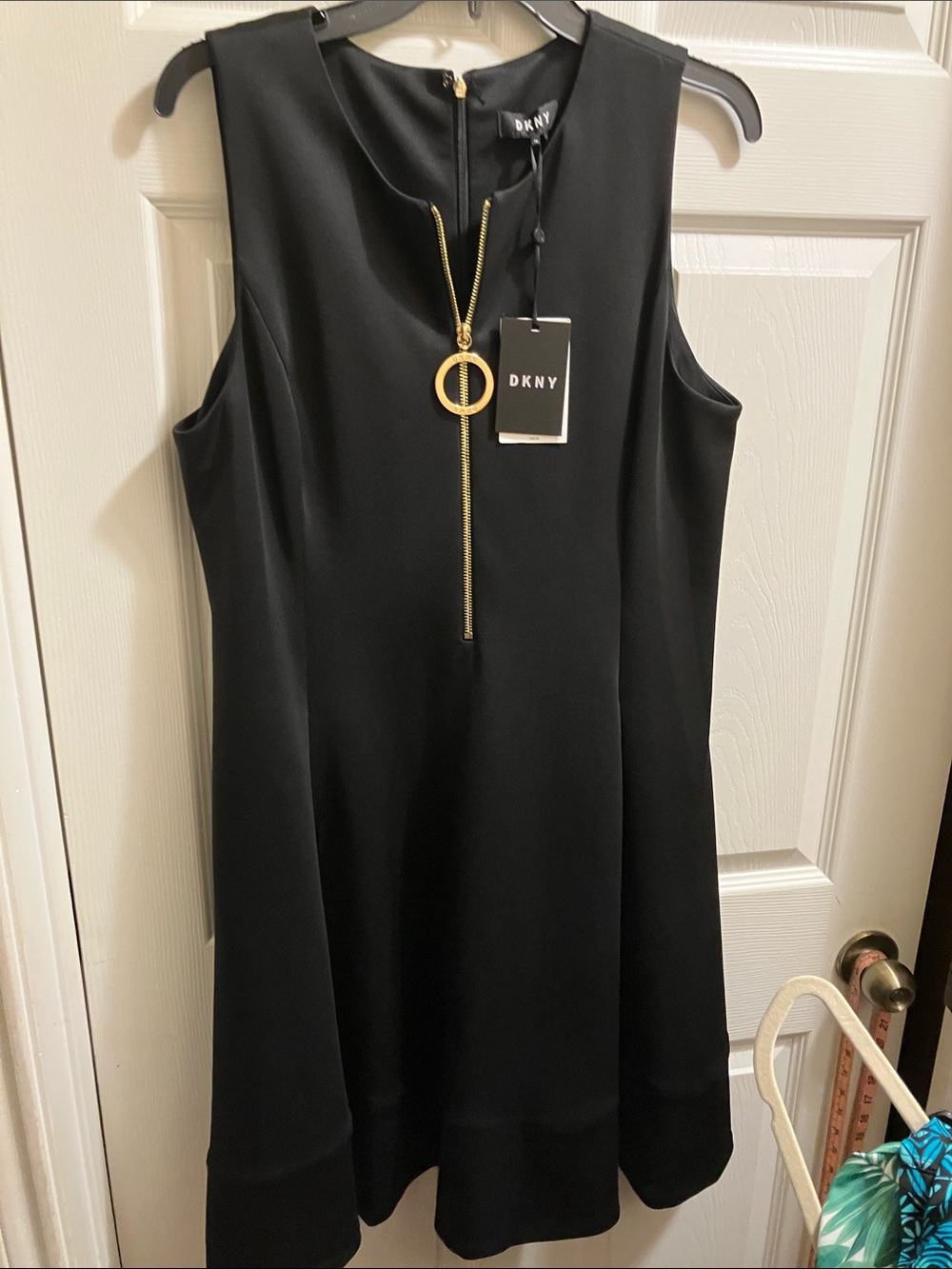 DKNY Black Sleeveless Midi Dress with Gold Circle Zip Pull